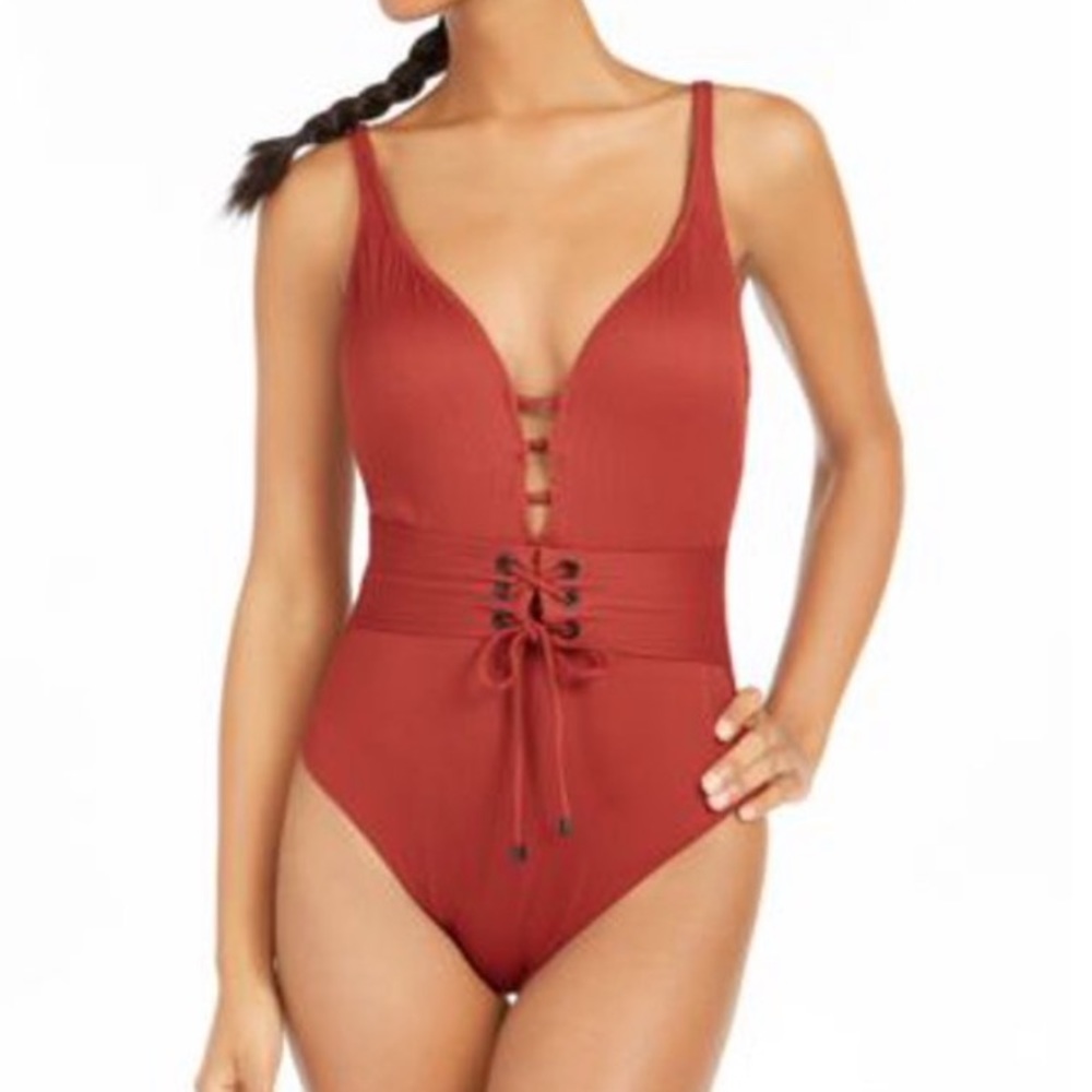 Bar III Crimson Rib Solids One Piece Swimsuit